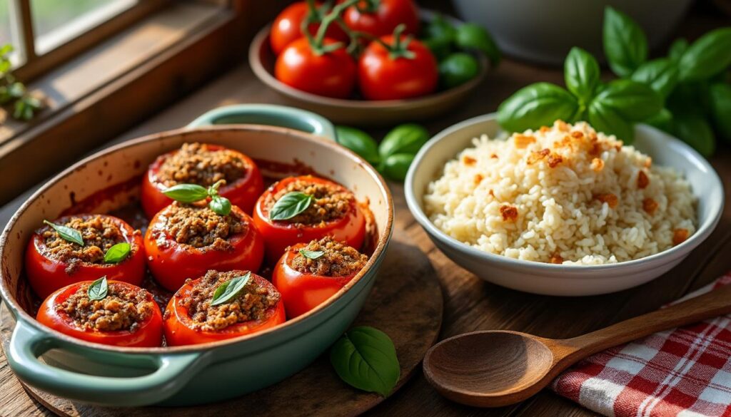 découvrez une recette simple et savoureuse de tomates farcies accompagnées de riz au four, idéale pour un repas maison gourmand et facile à préparer.