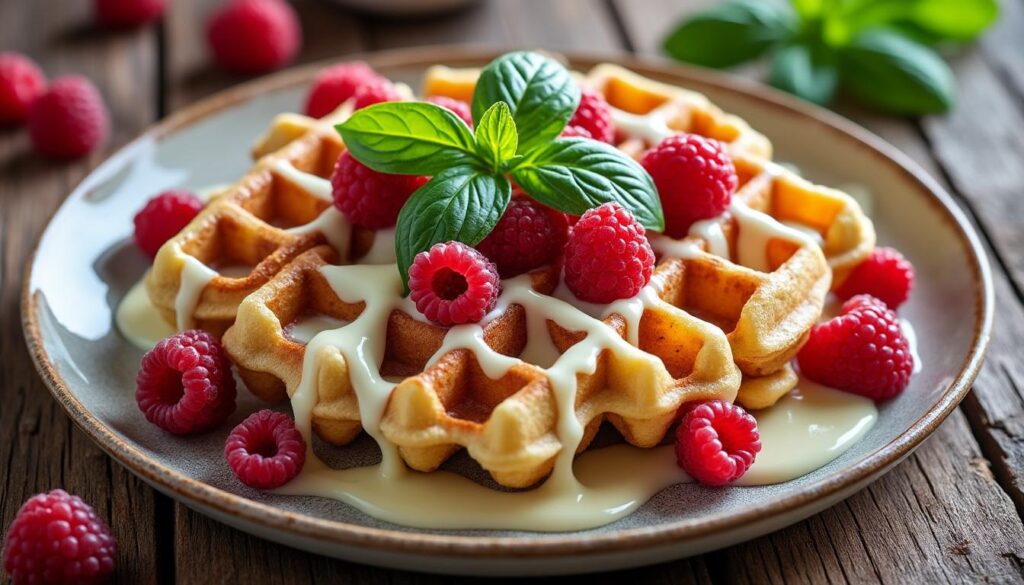 découvrez une recette facile et rapide de gaufres au chocolat blanc, framboises fraîches et basilic aromatique pour un dessert gourmand et original.