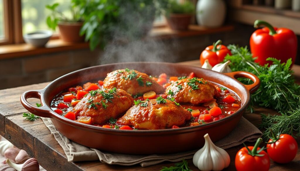 découvrez la recette traditionnelle facile du poulet basquaise de ma grand-mère, un plat savoureux mêlant tomates, poivrons et épices pour un repas authentique et convivial.