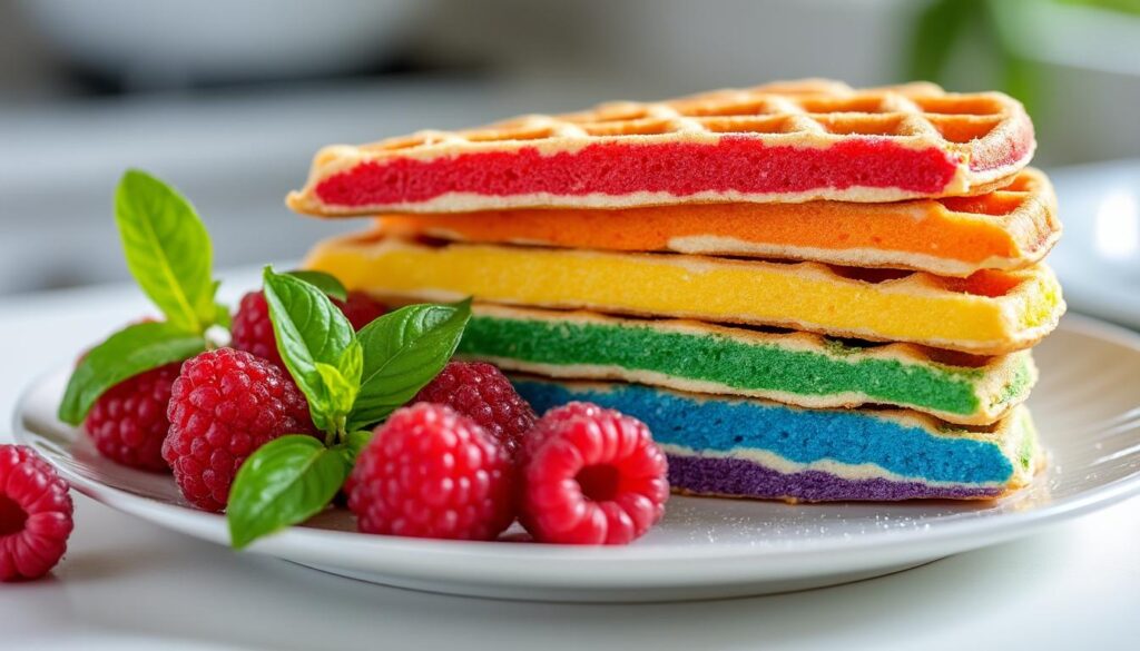 découvrez une recette facile et rapide de gaufres arc en ciel à la framboise et au basilic, parfaite pour un dessert coloré et gourmand.