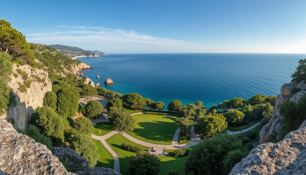 découvrez le belvédère du mugel, un point de vue exceptionnel offrant une vue panoramique imprenable sur la mer et le magnifique parc environnant.