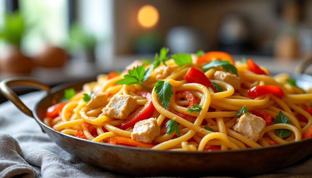 découvrez notre recette de fideuà au poulet, facile et rapide à préparer, pour un repas savoureux et convivial. parfait pour régaler toute la famille en un rien de temps !