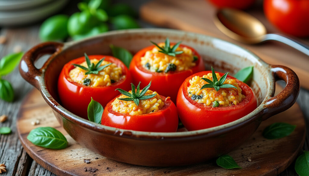 découvrez la recette traditionnelle des tomates farcies de grand-mère, accompagnées de riz moelleux cuit au four, pour un plat savoureux et réconfortant.