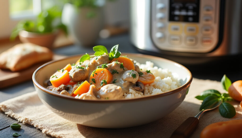 préparez une blanquette de dinde au cookeo, rapide et savoureuse. une recette facile, crémeuse et idéale pour régaler toute la famille.